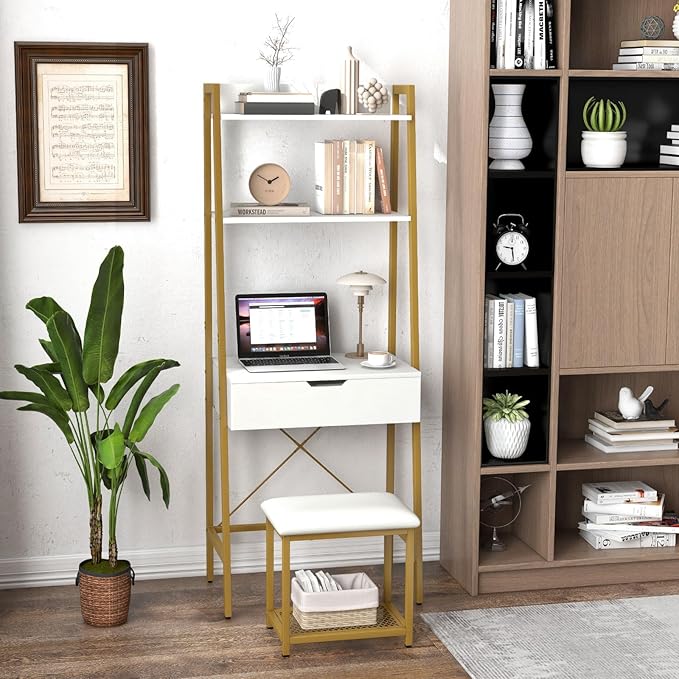 COSTWAY Vanity Desk Set with Flip-up Mirror, Ladder Vanity Table and Cushioned Stool Set w/ 4 Storage Compartments, Small Makeup Vanity Dressing Table for Small Spaces, Bedroom (White + Gold)