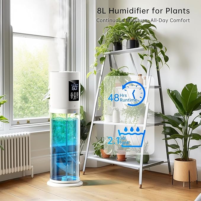 8L/2.1 Gal Humidifiers for Bedroom Large Room, 4 Levels Cool Mist Humidifier with Clear Tank, 7 Color Lights Essential Oil Diffuser with 16H Timer,for Home Plants (snowy white)
