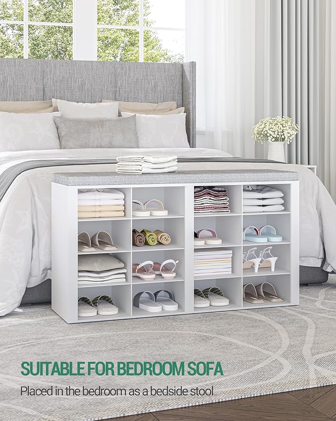 Hzuaneri Shoe Bench with Cushion, Entryway Storage Bench with 16 Cubbies, Cubby Shoe Rack with Adjustable Shelves, Shoe Organizer Cabinet for Living Room, Bedroom, Entryway, White SB25603GY