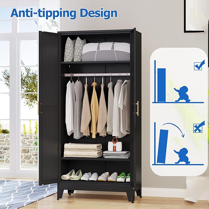 GAIOUS Metal Wardrobe Cabinet with Mirror and Hanging Rod, 71" Metal Clothing Storage Cabinets with 2 Doors and Adjustable Shelves, Black Armoire Wardrobe Closet for Bedroom, Laundry Room, Cloak Room
