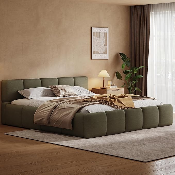 Merax California King Size Boucle Platform Bed with Thick Headboard and Footboard, Block Style Upholstery Floor Bed Frame, Green