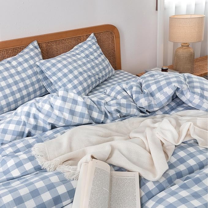 BESTOUCH Duvet Cover Set 100% Washed Cotton Linen Feel Super Soft Comfortable Chic Lightweight 3 PCs Home Bedding Set Cornflower Blue & White Grid Queen