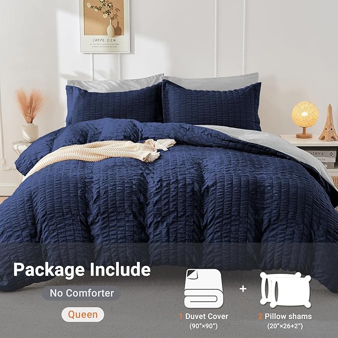 HYMOKEGE Navy Blue/Light Grey Duvet Cover Queen Size, Ultra Soft 3-Piece Seersucker Duvet Cover Set with Zipper Closure, Soft Brushed Microfiber Bedding Set with 8 Corner Ties (90"x90", 2 Pillowshams)