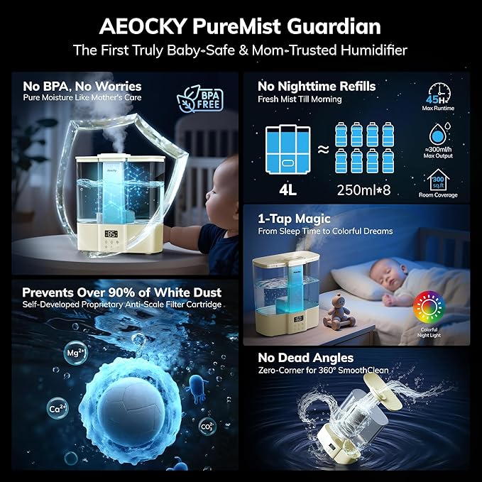Geek-Level Aeocky Humidifier for Baby, Quiet Ultrasonic Humidifiers for Bedroom, Nursery with Ambient Light, 4L Top-Fill Cool Mist Diffuser with Timer, Sleep, Auto, Constant Humidity Mode (Yellow)