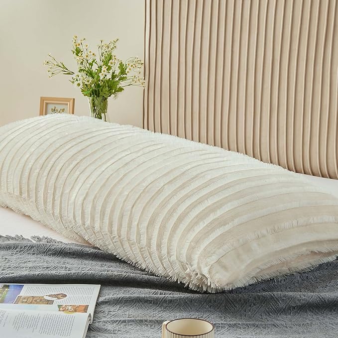 BEDELITE Body Pillow Cover with Zipper Closure, Decorative Boho Fleece Pillowcase 20 x 54 Inches, Luxury Fluffy Plush Long Body Pillow Pillowcase for All Seasons(Beige-Boho)