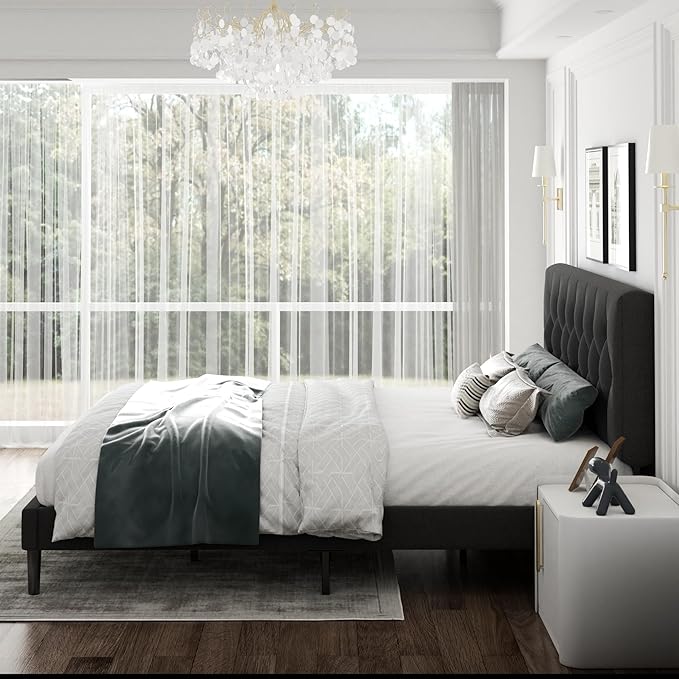 CXVX King Size Platform Bed Frame with Upholstered Headboard, Button Tufted Design, Strong Wooden Slats, No Box Spring Needed, Easy Assembly, Noise Free
