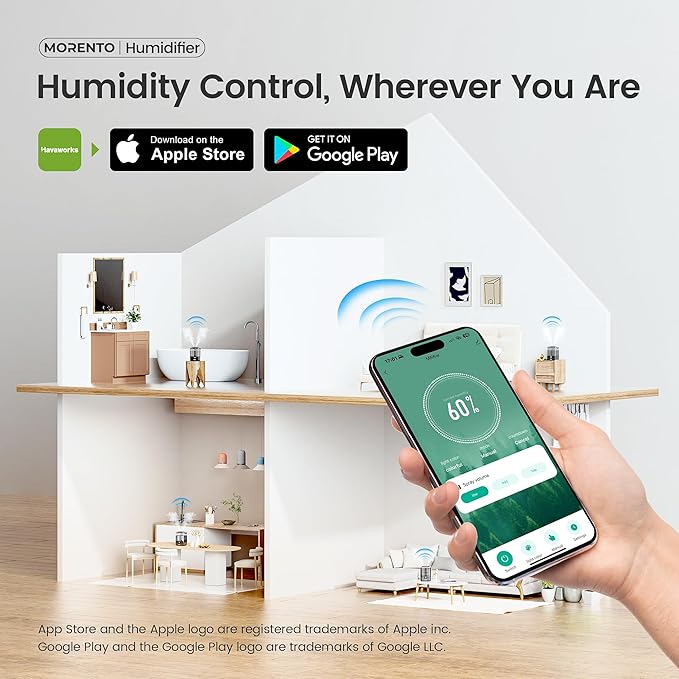 MERONTE Smart Humidifiers for Bedroom Large Room Home, 6L Cool Mist Top Fill Humidifier with Essential Oil Diffuser, Smart App & Voice Control, for Nursery & Plants, Black, 1 Pack + 7 Color NightLight
