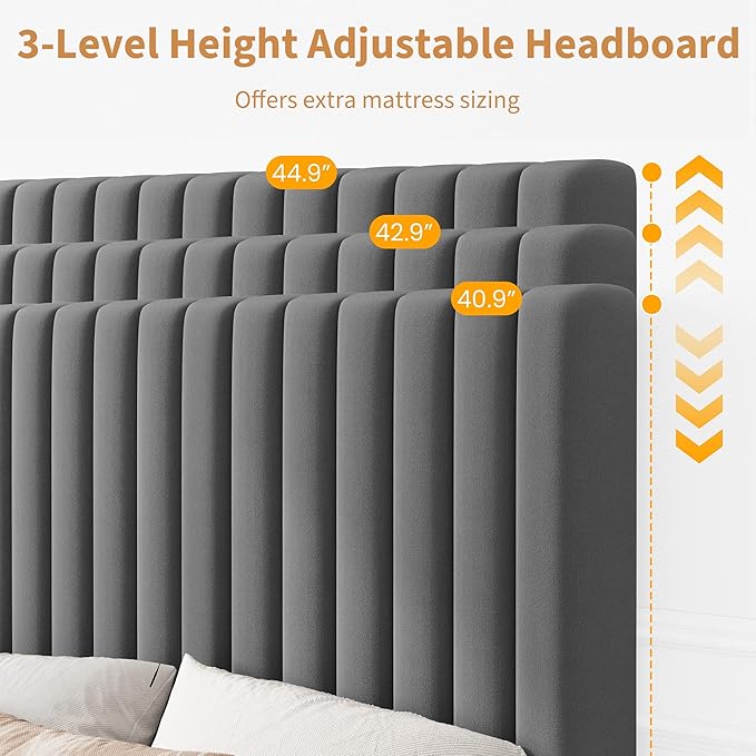 IDEALHOUSE Twin Bed Frame with Adjustable Headboard, Velvet Upholstered Platform Bed Frame Twin Size, Vertical Channel Tufted, Strong Wooden Slats, No Box Spring Needed, Easy Assembly, Grey