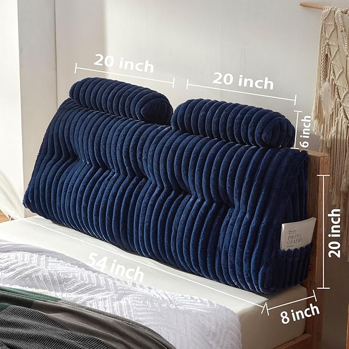 Rycwola Faux Fur Headboard Pillow with 2 Pack Neck Roll Pillow Large Headboard Pillow Soft and Supportive with Removable Cover (Blue, Full)