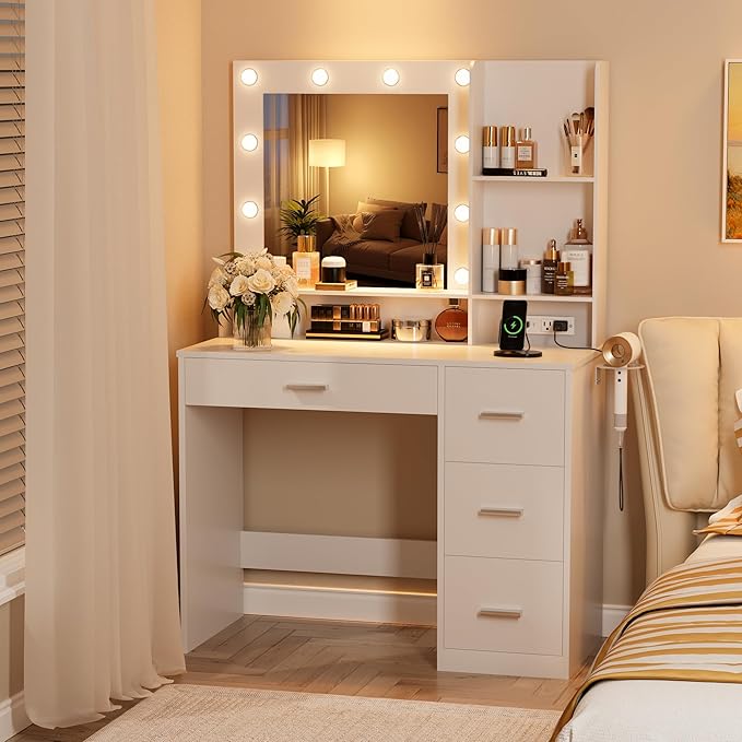Furmax Vanity Desk with LED Lighted Mirror&Power Outlet, 39.3’’ Makeup Vanity Table with 4 Drawers and 3 Storage Shelves, Adjustable 3 Lighting Colorfor Bedroom&Dressing Room (White)