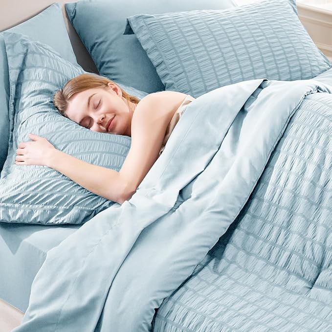 CozyLux Queen Comforter Set Light Blue Seersucker 7 Pieces Bed in a Bag Queen Comforter Set with Sheets, Luxury Soft Bedding Set with Down Alternative Comforter, Sheets, Pillowcases & Shams All Season