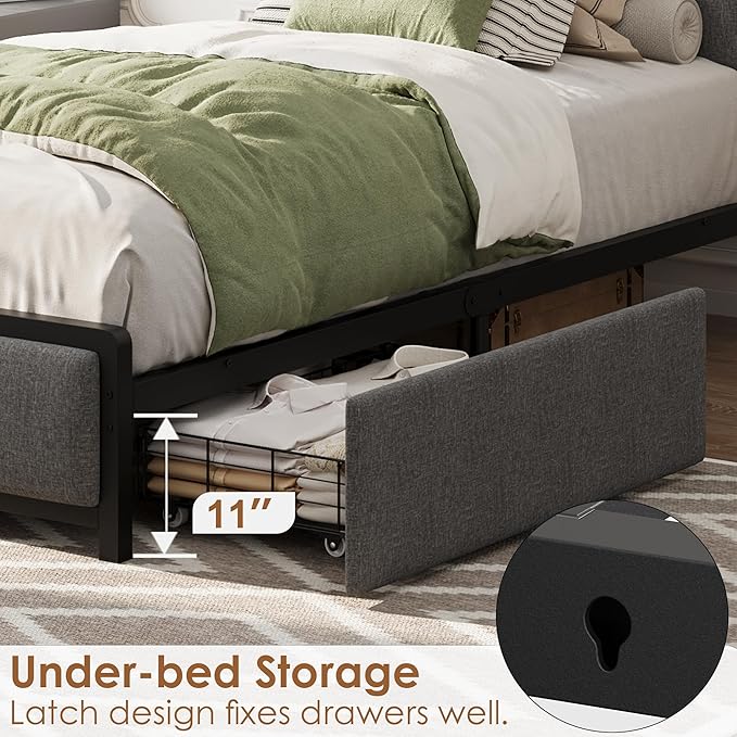 GAOMON Twin Size Bed Frame with 2 Storage Drawers and Charging Station, Rustic Linen Upholstered Platform Bedframe with Storage Headboard, Heavy Duty, No Box Spring Needed, Easy Assembly, Noise Free