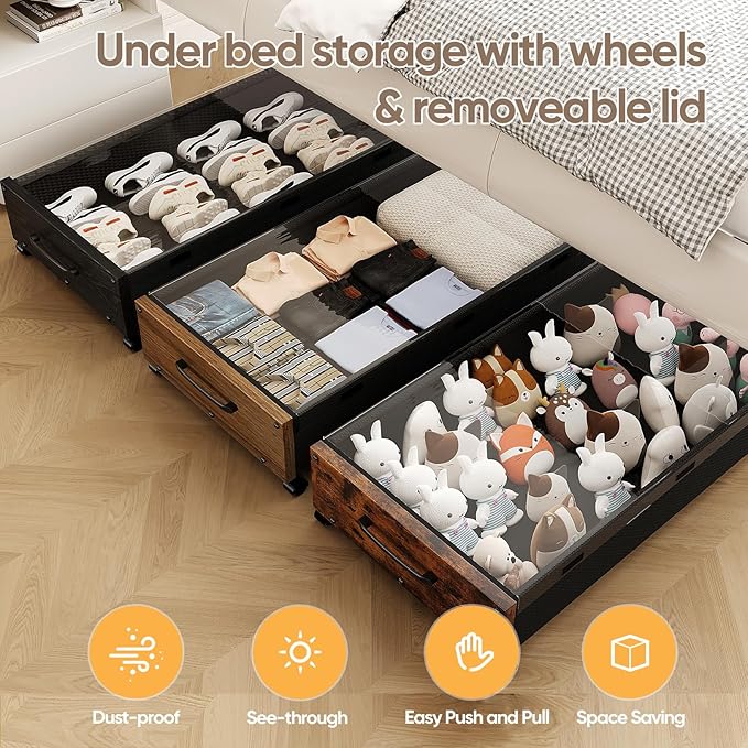 KITHELP Wooden Under Bed Storage with Wheels, Rolling Under the Bed Storage Bins with Removable Lid, Metal Under Bed Drawers for Clothes and Shoes in Bedroom or Living Room(Black Wood-1pack)