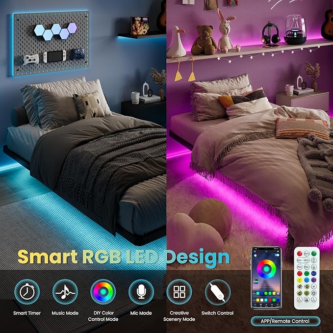 SHA CERLIN Floating Bed Frame Twin Size with Smart LED Lights and Charging Station, Heavy Duty Metal Platform Bed with Modern Design,No Box Spring Needed, Easy Assembly, Matte Black