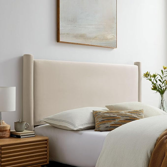 Modway Rael Full Upholstered Headboard with Pillars in Alabaster – Velvet Headboard – Stain-Resistant Performance Velvet Headboard for Full Size Beds