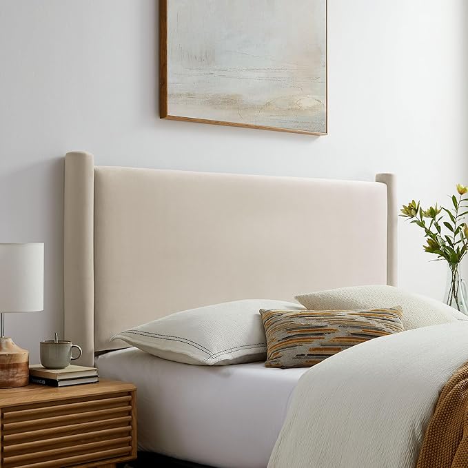 Modway Rael Queen Upholstered Headboard with Pillars in Alabaster – Velvet Headboard – Stain-Resistant Performance Velvet Headboard for Queen Size Beds