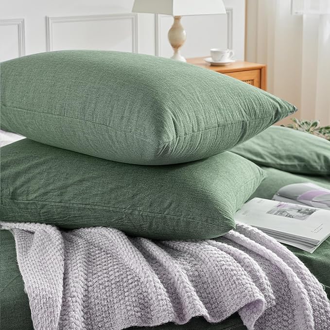 NEXHOME PRO Duvet Cover Queen 100% Washed Cotton, Organic Natural Linen Like Textured, Breathable, Durable, Home Bedding Set, Heathered Green 9090