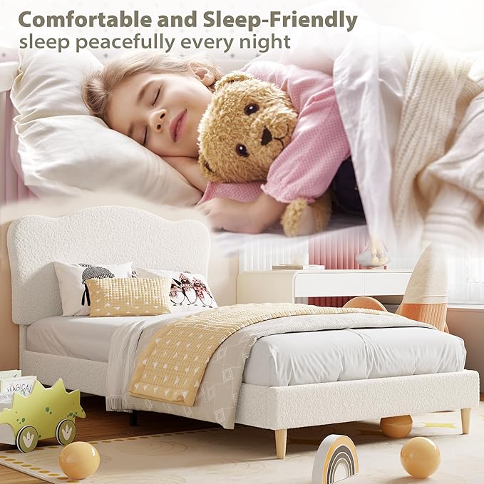 GarveeHome Upholstered Twin XL Size Bed Frame for Kids with Scallop Headboard, Cute Velvet Twin XL Bed for Girls, Boys, Sturdy Platform Bed, No Box Spring Needed, Wooden Slats, Noise Free, Beige