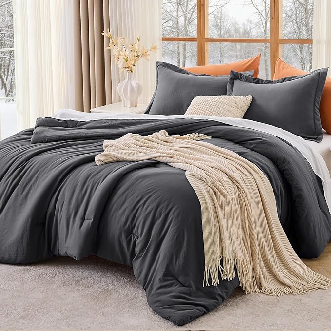 MUXHOMO King Size Comforter Set, All Season Ultra Soft Down Alternative Bedding - 3 Piece Lightweight Bed Set Includes 1 Comforter (104"x90") and 2 Pillow Shams (20"x36"), Dark Grey