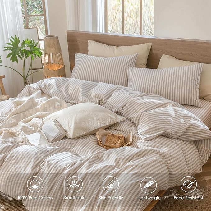 MooMee Striped Duvet Cover Set 100% Washed Cotton Linen Like Textured Breathable Durable Soft Comfy (Tannish Linen Grey White Classic Stripes, Oversized Queen 98"x98")