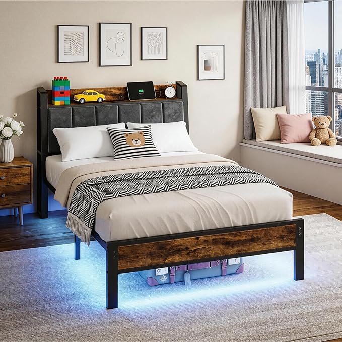 Twin Size Bed Frame with Storage Headboard and Charging Station, Smart RGB LED Lights, Metal Platform Bed with USB & Type-C Ports, Noise Free, Easy Assembly, No Box Spring Needed