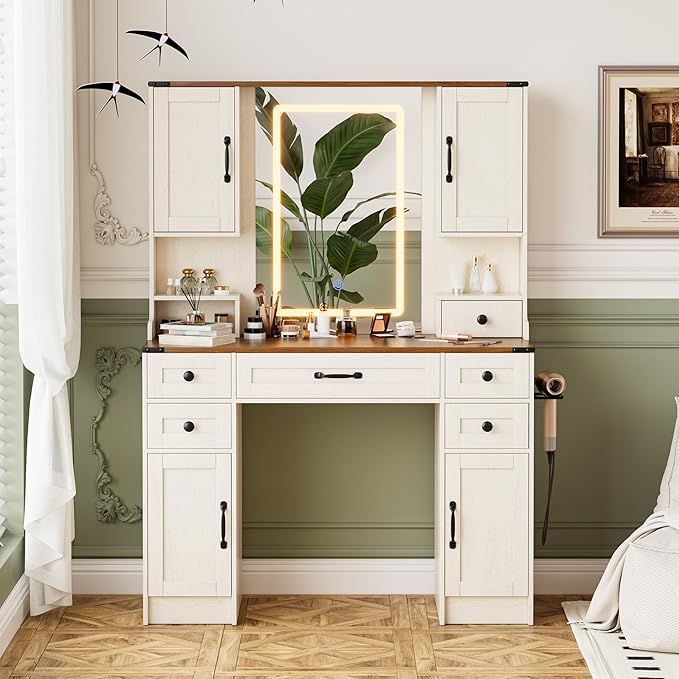 Farmhouse Vanity Desk with Mirror and Lights, Large Makeup Table with 6 Drawers and 4 Storage Cabinets, 3 LED Lights Modes, White Dressing Set for Girls Bedroom