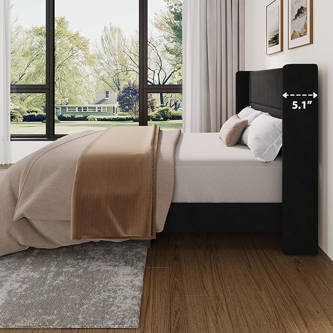 Garvee Full Size Bed Frame with Wingback Headboard, Velvet Upholstered Platform Bedframe with Wood Slats, No Box Spring Needed, Easy Assembly, Black