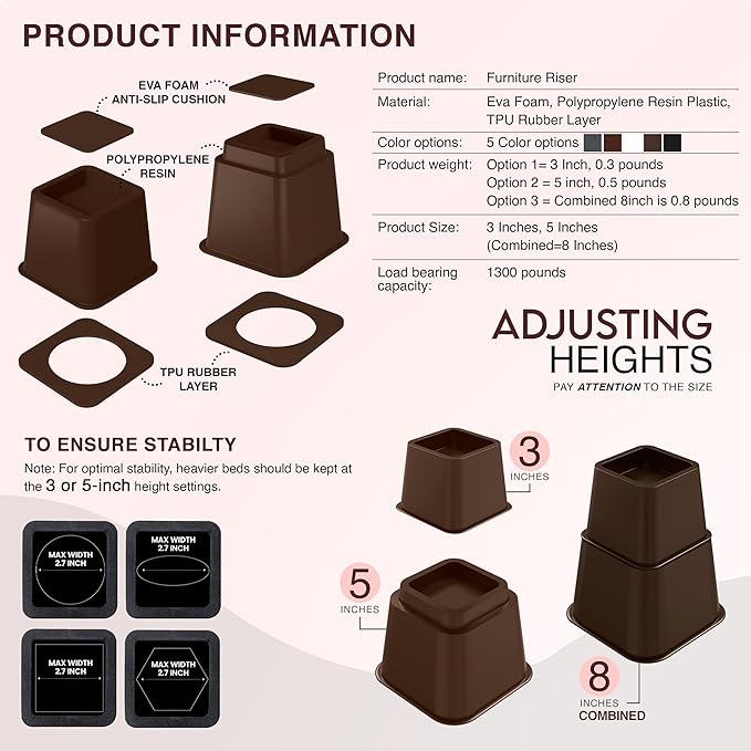 Utopia Bedding Bed Riser, 3 & 5 Inches Adjustable Furniture Risers for 8 Inch Combined Furniture Lift, Under Bed Storage & Dorm Room Essential, Supports Up to 1,300 lbs (4 Set, Brown)