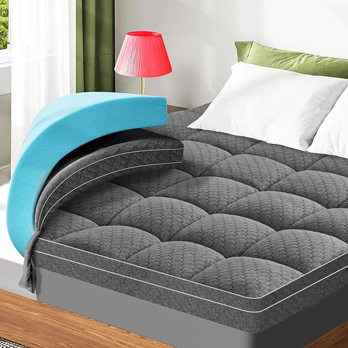 Dual Layer 3 Inch Memory Foam Mattress Topper Queen Size, 2 Inch Cooling Gel Memory Foam Plus 1 Inch PillowTop Mattress Pad Cover, with 8-21 Inch Deep Pocket, Grey