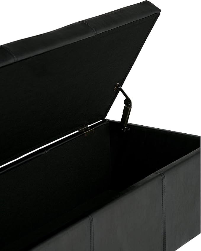 SIMPLIHOME Avalon Storage Ottoman Bench - 48" Wide x 16" High Upholstered Vegan Leather Rectangular Lift-Top Ottoman in Midnight Black, Contemporary Bench for Living Room with High-Density Foam