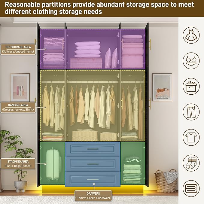 Hlivelood Large Armoire Wardrobe Closet Cabinet with Drawers and LED Lights, Multi-Tier Shelves, Hanging Rod, Large Capacity Storage 4 Door Wardrobe Armoire with Top Cabinet for Bedroom, Black