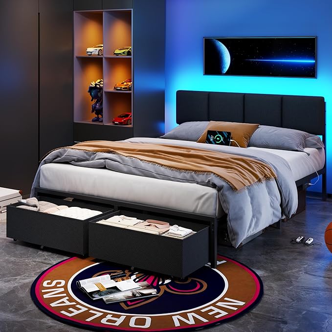 Furnulem Queen Bed Frame with Charging Station and LED Lights, Upholstered Headboard, Metal Platform Bed with 2 Fabric Storage Drawers, Noise Free, No Box Spring Needed, Gery