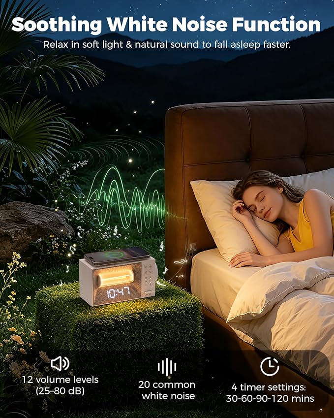 Alarm Clock with 15W Wireless Charger, White Noise Machine with 20 Soothing Sounds, Sunrise Wake Up Light for Bedrooms, Dimmable Bedside Clock with Dual Alarms, Gift for Kids and Adults