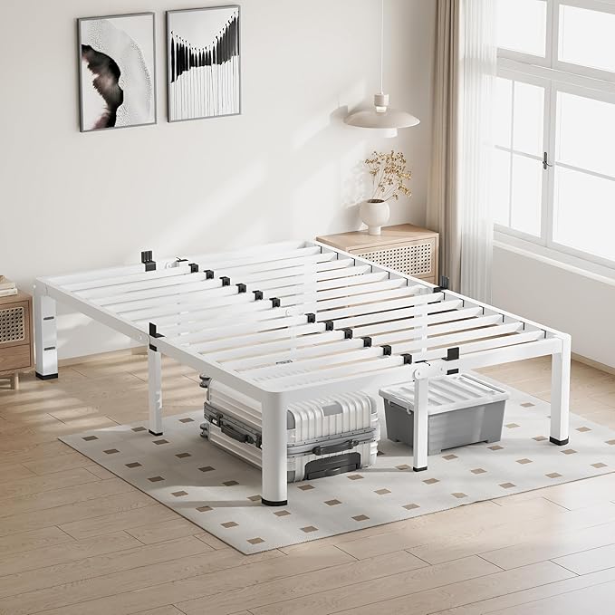 VIPSHOW 20 Inch King Size White Bed Frame, 3500Lbs Heavy Duty Metal Platform with Round Corner Legs Mattress Slide Stopper, Steel Slat Support No Box Spring Needed, Noise Free, Non-Slip, Easy Assembly