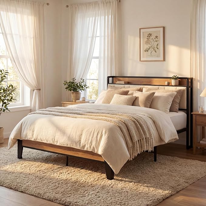 LIKIMIO Full Bed Frames, Storage Headboard with Charging Station, Solid and Stable, Noise Free, No Box Spring Needed, Easy Assembly, Wood and Cream