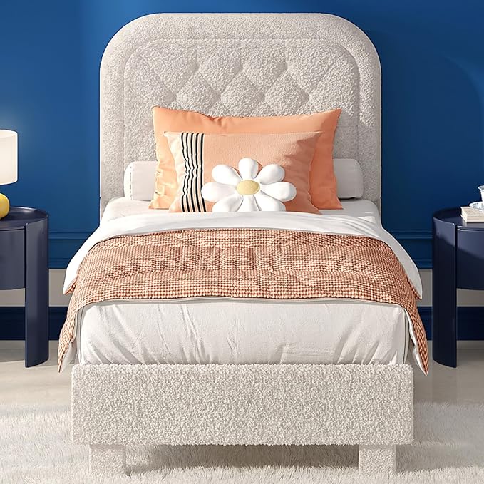 VINGLI Twin Bed Frame with Headboard,Cloud Bed Frame with Rounded Corners, Cream Design,Boucle Upholstered Platform Soft Bed with Sturdy Wood Slats Support,for Kids Teens Adults, White