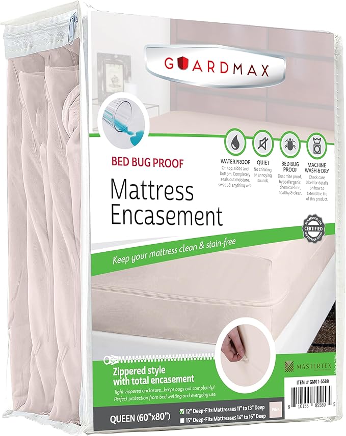 Guardmax Queen Mattress Encasement with Zipper, Waterproof, Bed Bug Proof, and Dust Mite Proof Mattress Protector for Queen Size Bed up to 12" Deep, Zippered All Around Jersey Knitted Mattress Cover