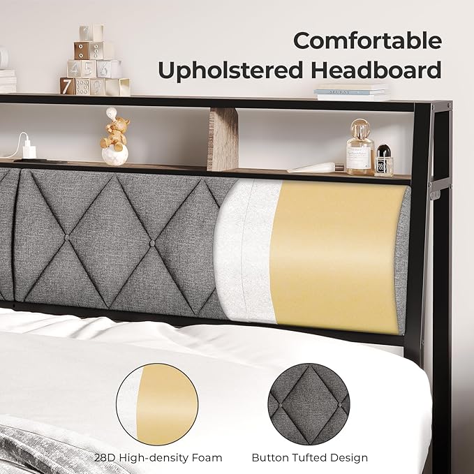 Queen Headboard Only, Headboard for Queen Size Bed with Storage, Upholstered Headboards with LED Lights & Charging Station, Attach Frame, Ideal for Bedroom/Dorm/Guest Room, Dark Grey & Brown