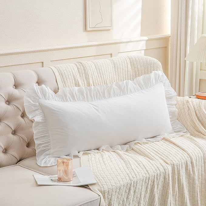 14x36 inches Off White Ruffled Lumbar Pillow Cover 1 Piece, Pure Washed Cotton Soft Decor Pillowcase Farmhouse Vintage Cushion Cover for Bed Livingroom