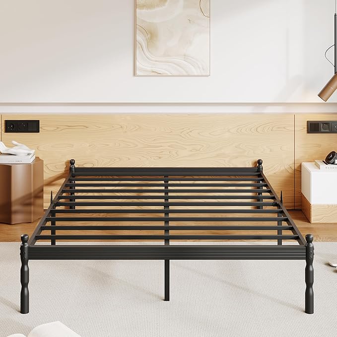 ZIYOO 14 inch Full Bed Frames with Mattress Slide Stopper, Vintage Style, 1500LBS Heavy Duty Steel Slats, Prevent Mattress from Sliding, No Box Spring Needed, Platform Noise-Free