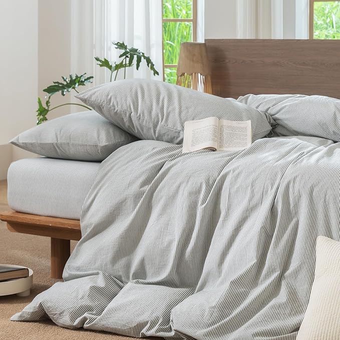 MooMee Striped Duvet Cover Set 100% Washed Cotton Linen Like Textured Breathable Durable Soft Comfy (Heathered Green Pinstripes, Twin 68"x90")