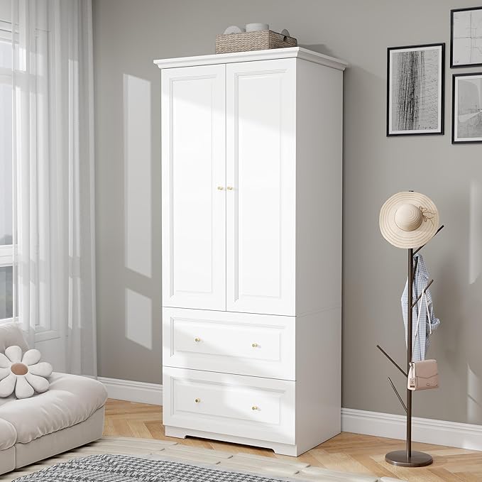White Wardrobe with 2 Drawers: 74" Wooden Wardrobe Closet for Hanging Clothes, Tall Armoire Closet with 2 Doors, Bedroom Armoires with Hanging Rod (32")