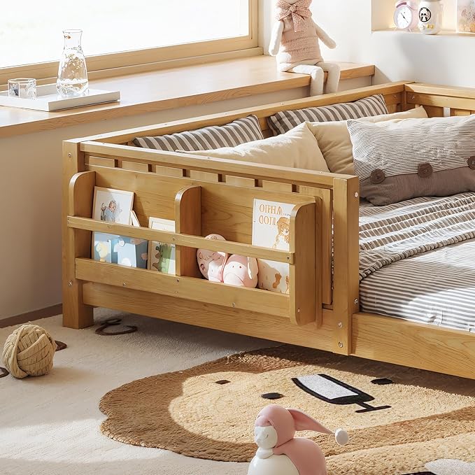Bellemave Full Size Kids Montessori Bed with Bookshelf,Solid Wood Full Floor Bed Frame with Fence and Slats for Girls Boys,Low-Profile,Light Natural