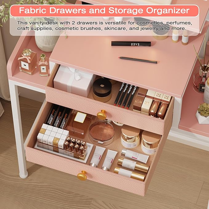 HIGDBFE Vanity Desk with Mirror and Lights, 28.4''W Small Makeup Vanity Table with Height-Adjustable Stand, 2 Fabric Drawers Compact Makeup Desk, Gift for Girls, Bedroom Small Space, Pink