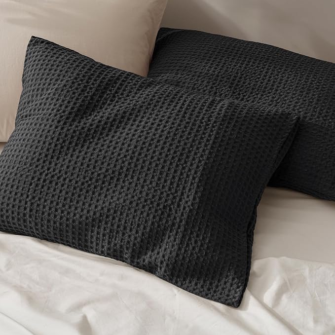 PHF Ultra Soft Waffle Weave Pillow Shams Standard Size, No Insert, 2 Pack 20" x 26" Pillowcases,Breathable & Skin-Friendly Pillow Cases, Stylish Decorative Bed Pillow Cases Covers, Black