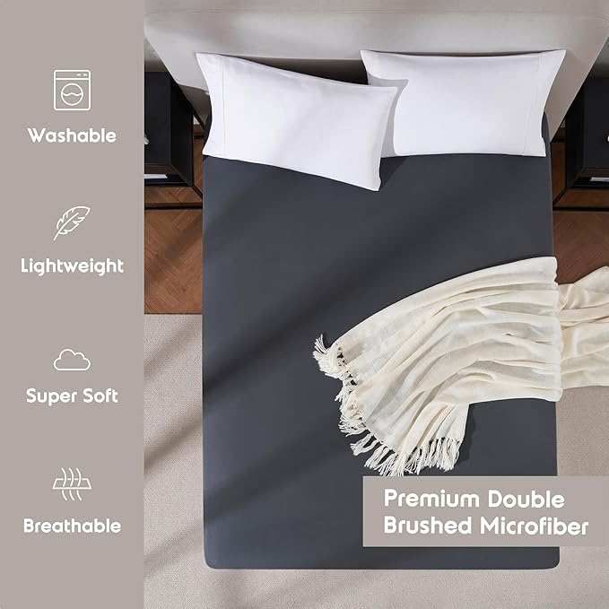 Nestl 4 Pack Dark Grey Fitted Sheet Extra Deep Pocket, Hotel Luxury TwinFitted Sheet Only Easily Fits 18 to 24 Inch Mattress, Super Soft, Wrinkle-Free and Breathable with Corner Straps
