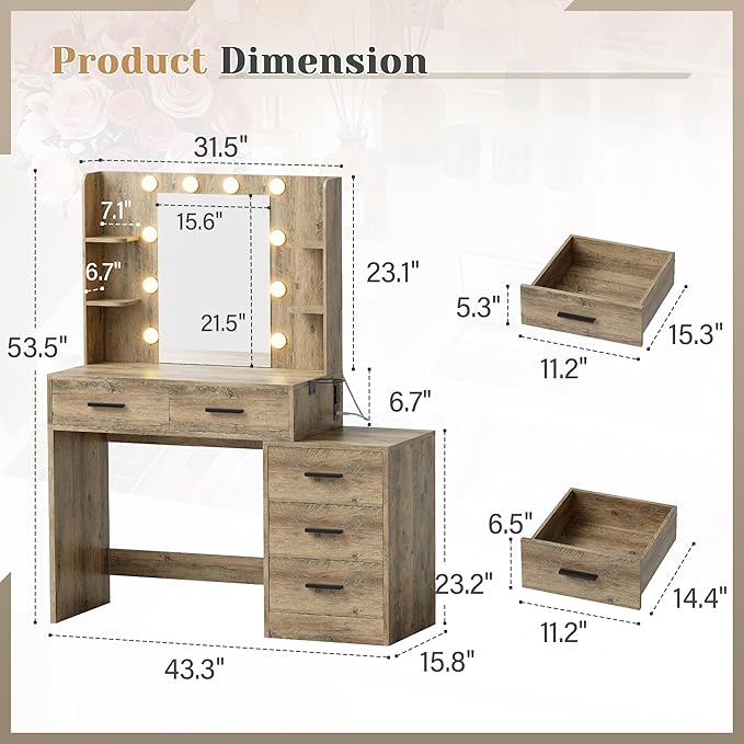 YESHOMY Makeup Vanity Desk with Mirror & Lights, Vanity Table with 5 Drawer, 6 Shelves, Charging Station for Bedroom, Dressing Room, Oak