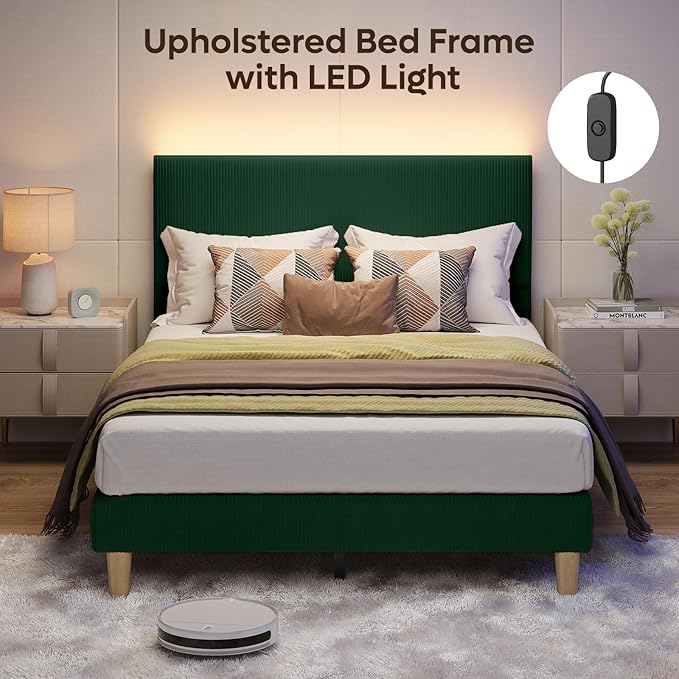 Bestier Full Bed Frame with Headboard,Full Size Bed with LED Light,Vertical Channel Tufted Corduroy Upholstered, Solid Wooden Slats Support, No Box Spring Needed, Never Squeaks, Easy Assembly,Green