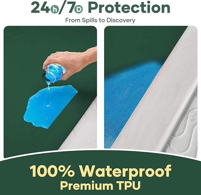 OhGeni 100% Waterproof Mattress Protector, Queen Size Green, Fitted Sheet with Deep Pockets, 6''-18'', Premium Noiseless Breathable Soft Material, Mattresses Cover for Bed