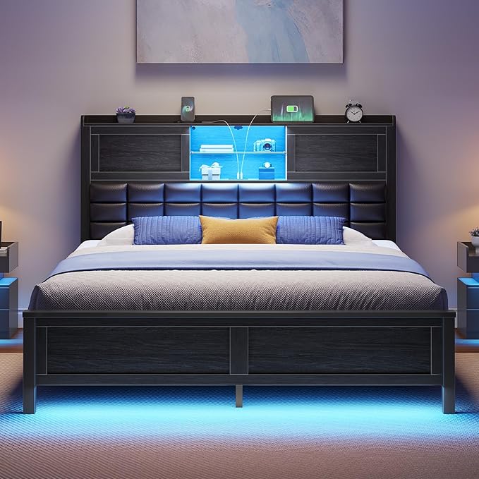 Rolanstar Bed Frame Queen Size with Charging Station, Bookcase Headboard Bed with LED Light and Sliding Doors, Platform Bed with Wooden Slats, No Box Spring Needed, Noise Free, Black